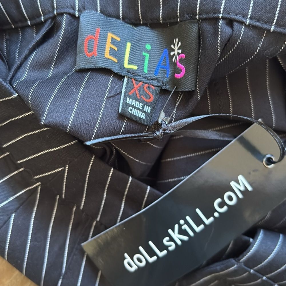 dELiA*s x Dolls Kill Black & White Pinstripe Ruffle Trim Mini Skirt Side Buttons - Picture 4 of 6